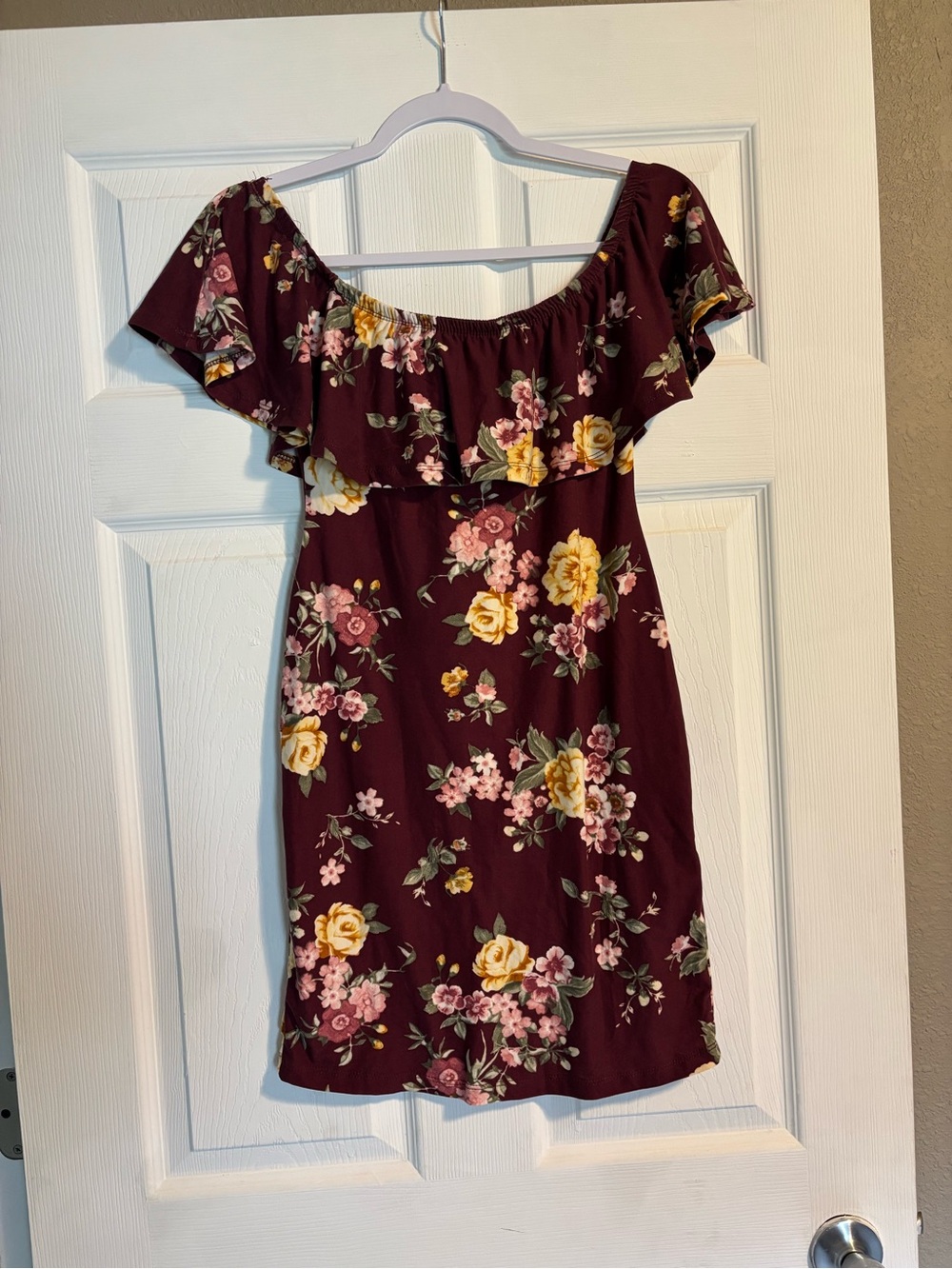 Rue21 Burgundy One-Shoulder Floral Ruffle Dress